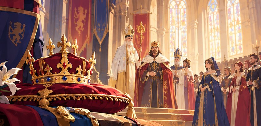 The coronation: a crown on a cushion before the court.