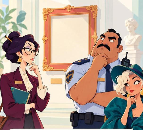 The museum's guard, the curator and a socialite stare at an empty picture frame.