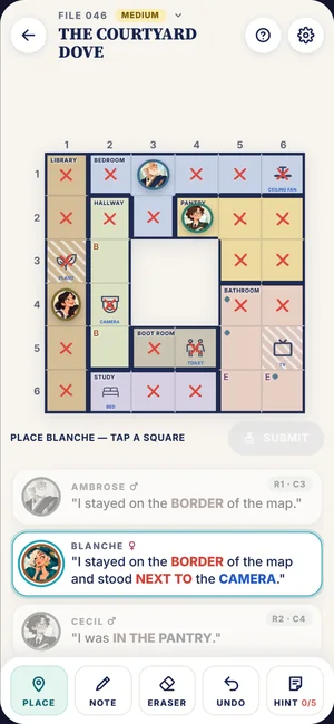 A case in Heistdoku: a floor plan, the suspects placed, and their statements.