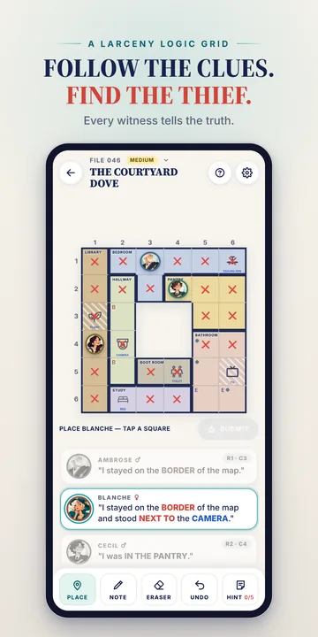 Follow the clues, find the thief: a case board in play.